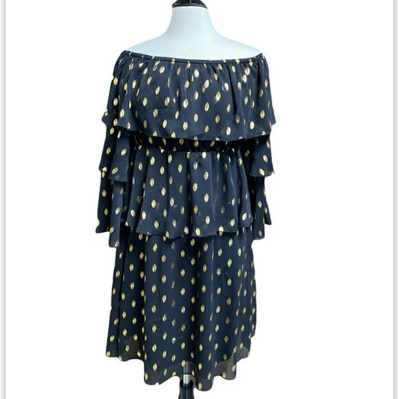 Andree by Unit Black Sheer Gold Shimmer Dots Ruffle 3/4 Sleeve Dress NWT - Picture 1 of 5